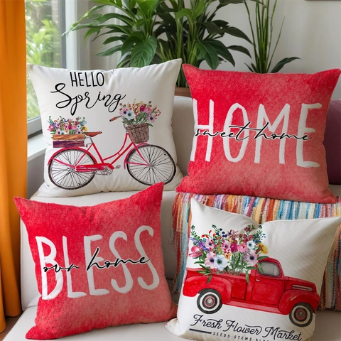 Vintage Roter LKW Fahrrad Blume Druck Leinen Deko Kissenbezüge Hello Spring Home Sweet Home Kissenhülle
