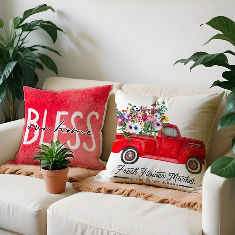 Vintage Roter LKW Fahrrad Blume Druck Leinen Deko Kissenbezüge Hello Spring Home Sweet Home Kissenhülle