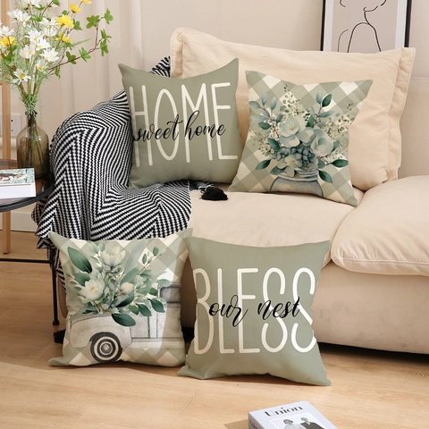 Decorative Pillow Covers Linen Spring Farmhouse Style Sage Green Flower Letter Print Cushion Case Couch Home Decor