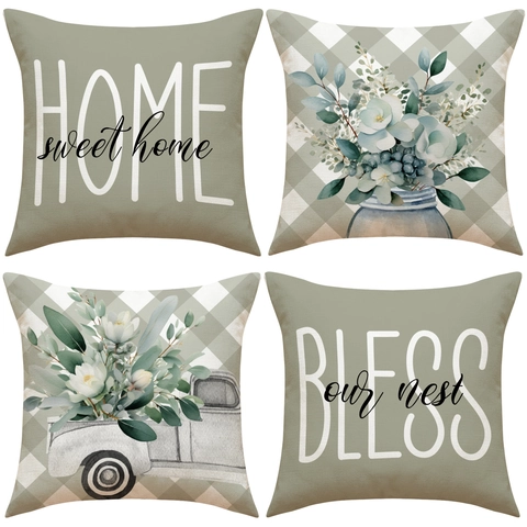 Decorative Pillow Covers Linen Spring Farmhouse Style Sage Green Flower Letter Print Cushion Case Couch Home Decor