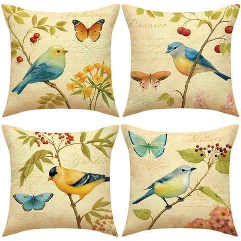 Vintage Kussensloop Katoen Linnen Vierkant Vogel Bloemenpatroon Decoratieve Kussensloop Voor Bank Huis Decor Franse Stijl