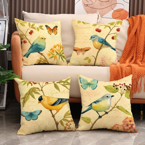 Vintage Kussensloop Katoen Linnen Vierkant Vogel Bloemenpatroon Decoratieve Kussensloop Voor Bank Huis Decor Franse Stijl