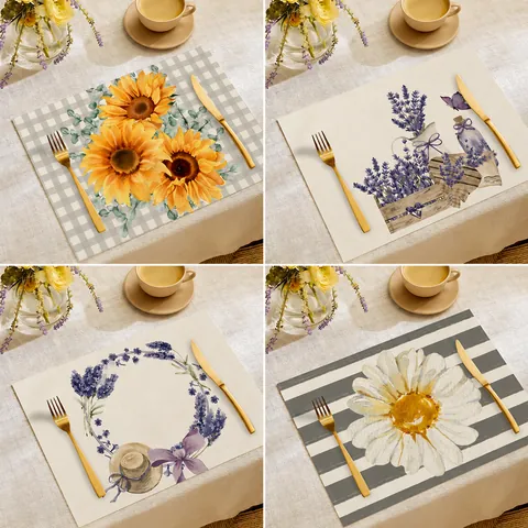 Linen Placemats For Dining Table Heat Resistant Washable Table Mats Spring Flower Daisy Pattern For Kitchen Decor