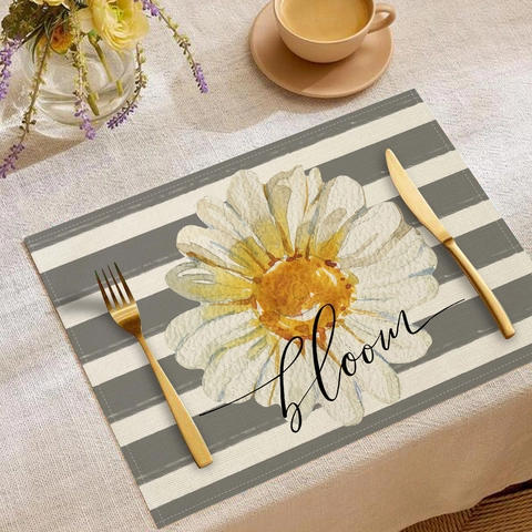 Linen Placemats For Dining Table Heat Resistant Washable Table Mats Spring Flower Daisy Pattern For Kitchen Decor
