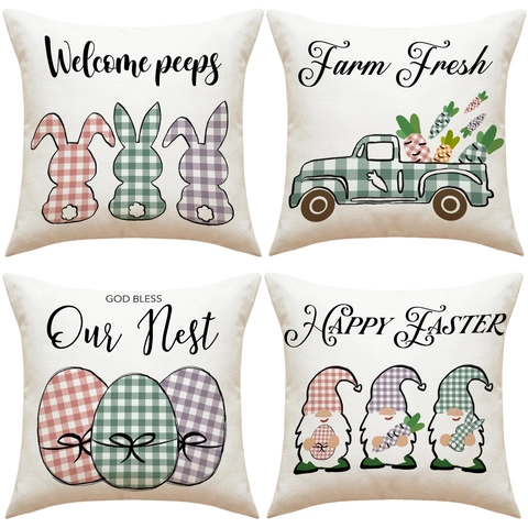 Fundas De Cojín De Pascua Mezcla Lino Poliéster Conejo Gnomo Cuadros Dibujos Animados Fundas Decorativas Para Sofá Hogar