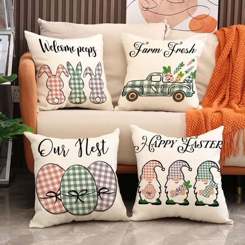 Fundas De Cojín De Pascua Mezcla Lino Poliéster Conejo Gnomo Cuadros Dibujos Animados Fundas Decorativas Para Sofá Hogar