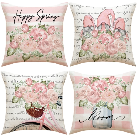 Linen Decorative Pillowcase Spring Sunflower Rose Gnomes Print Cushion Cover For Sofa Living Room Home Decor