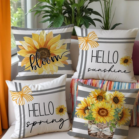Decoratieve Kussenhoes Zonnebloem Bloemenprint Linnen Textuur Kussensloop Voor Bank Woonkamer Boerderij Lente Decor