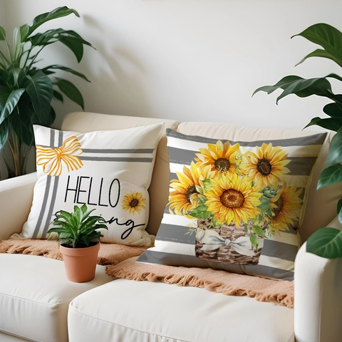 Decoratieve Kussenhoes Zonnebloem Bloemenprint Linnen Textuur Kussensloop Voor Bank Woonkamer Boerderij Lente Decor