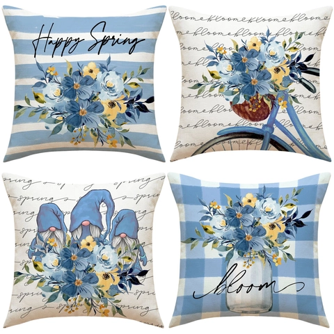 Linen Decorative Pillowcase Spring Sunflower Rose Gnomes Print Cushion Cover For Sofa Living Room Home Decor