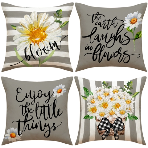Linnen Madeliefje Bloem Sierkussen Sloop Decoratieve Vierkante Kussenhoes Voor Sofa Couch Woonkamer Modern Rustieke Huisdecoratie