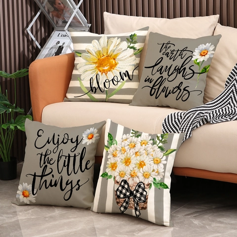 Linnen Madeliefje Bloem Sierkussen Sloop Decoratieve Vierkante Kussenhoes Voor Sofa Couch Woonkamer Modern Rustieke Huisdecoratie