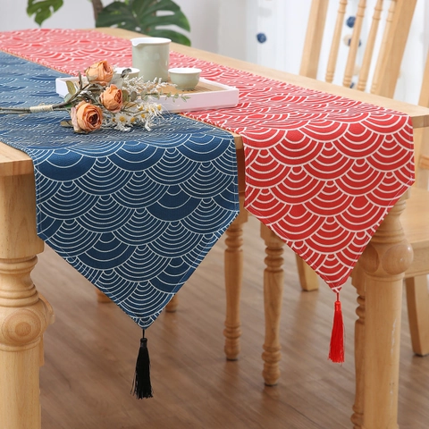 New Chinese Style Table Runner Polyester Linen Waterproof Oil-Proof Table Mat With Tassels Seigaiha Wave Crane Pattern For Home Decor