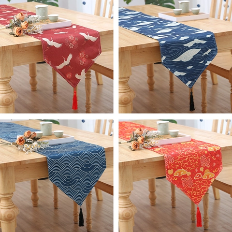 New Chinese Style Table Runner Polyester Linen Waterproof Oil-Proof Table Mat With Tassels Seigaiha Wave Crane Pattern For Home Decor