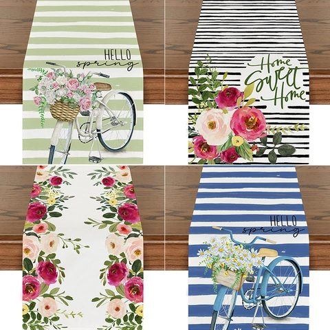 Frühling Aquarell Floral Fahrrad Tischläufer Leinenoptik Streifen Karo Rechteck Tischdecke Für Esszimmer Party Heimdeko