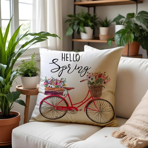 Funda de Cojín de Lino Estampado Flores Coche Decoración Primavera Rústica Sofá Funda de Almohada Cuadrada Para Sala de Estar