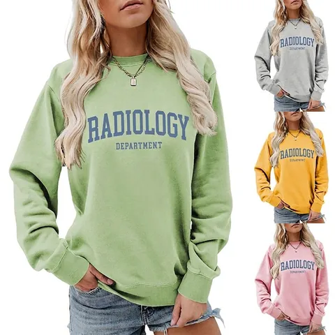 Damen Sweatshirt Rundhals Radiology Department Buchstabendruck Baumwolle Langarm Lässig Lose Pullover Oberteil