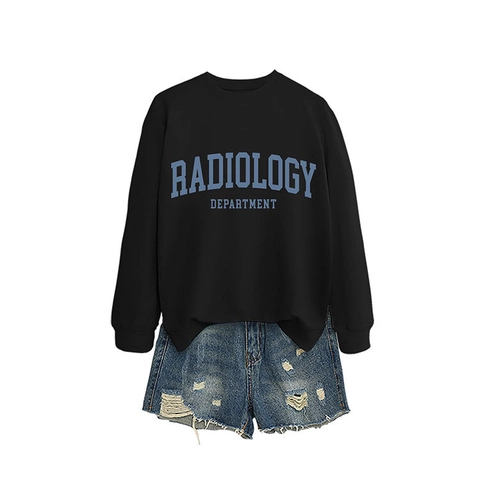 Damen Sweatshirt Rundhals Radiology Department Buchstabendruck Baumwolle Langarm Lässig Lose Pullover Oberteil