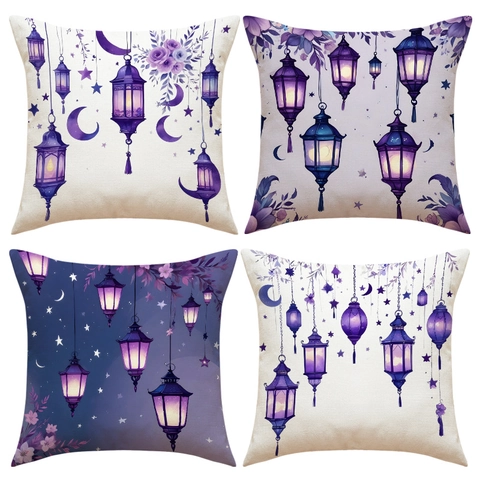 Ramadan Purple Oil Lamp Moon Print Faux Linen Pillowcase Vintage Square Cushion Cover For Living Room Home Sofa Decor