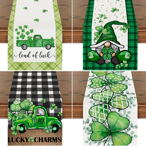 St. Patricksdag Klaver Tafelloper Linnen Buffalo Ruit Kabouter Patroon Keuken Eetkamer Tafel Decoratie Sieraden