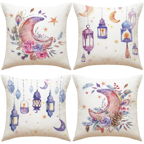 Ramadan Eid Al-Fitr Decorative Throw Pillow Case Watercolor Moon Star Lantern Flower Pattern Polyester Square Cushion Cover Home Sofa Decor