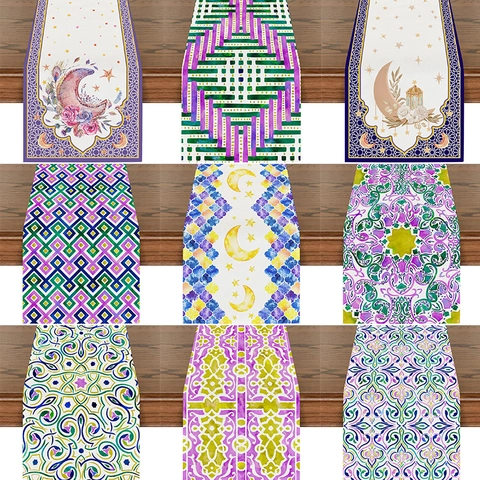 Ethnic Linen Table Runner Bohemian Moon Lantern Printed Kitchen Dining Table Decor Ramadan Eid Festive Party Decoration