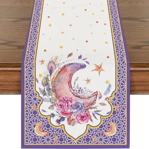 Ethnic Linen Table Runner Bohemian Moon Lantern Printed Kitchen Dining Table Decor Ramadan Eid Festive Party Decoration