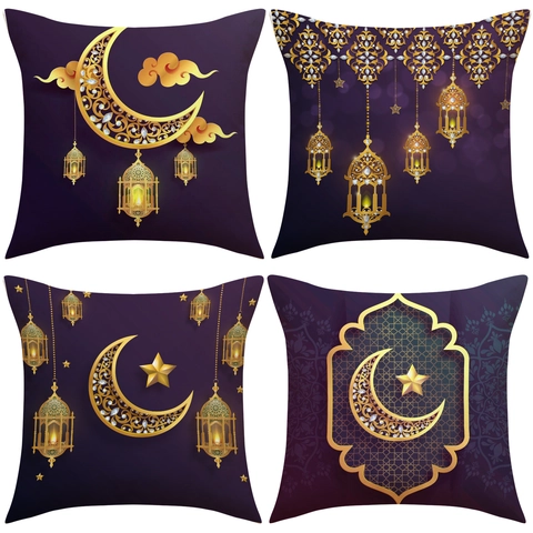 Ramadan Eid Mubarak Decorative Pillowcase Purple Gold Moon Lantern Star Pattern Polyester Linen Cushion Cover Home Decor