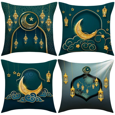 Ramadan Decorative Pillow Cover Islamic Style Moon Star Lantern Print Polyester Square Cushion Case For Living Room Sofa Home Decor