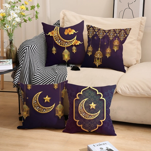 Ramadan Eid Mubarak Decorative Pillowcase Purple Gold Moon Lantern Star Pattern Polyester Linen Cushion Cover Home Decor
