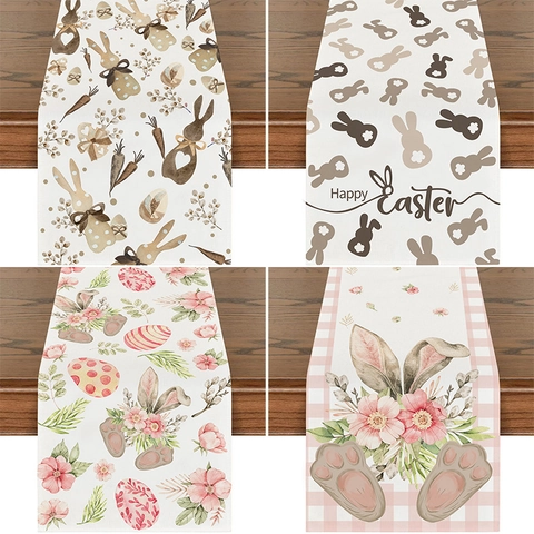 Easter Table Runner Linen Polyester Bunny Rabbit Floral Print Holiday Dining Room Party Decoration Machine Washable