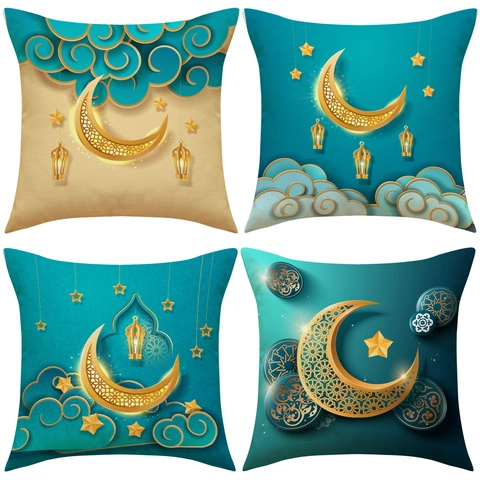 Fodera Per Cuscino Ramadan Imitazione Lino Poliestere Stampa Luna Stella Lanterna Oro Quadrato Decorazione Divano Casa Etnico