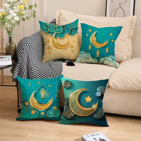 Fodera Per Cuscino Ramadan Imitazione Lino Poliestere Stampa Luna Stella Lanterna Oro Quadrato Decorazione Divano Casa Etnico
