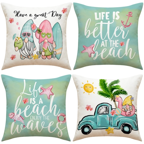Fodera Per Cuscino In Lino Gnomi Spiaggia Estiva Federa Decorativa Con Stampa Cartone Animato Animale Fenicottero Per Divano Casa