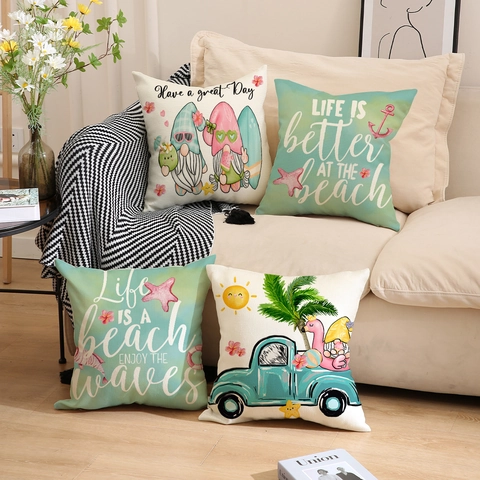 Fodera Per Cuscino In Lino Gnomi Spiaggia Estiva Federa Decorativa Con Stampa Cartone Animato Animale Fenicottero Per Divano Casa