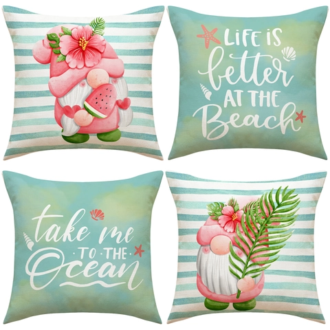 Summer Ocean Beach Theme Linen Decorative Pillowcase Cartoon Gnome Printed Stripe Tropical Flower Square Cushion Cover Home Decor