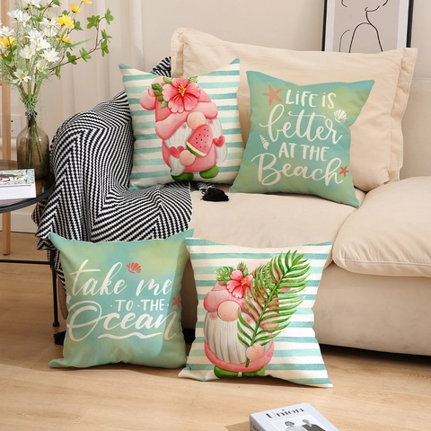 Summer Ocean Beach Theme Linen Decorative Pillowcase Cartoon Gnome Printed Stripe Tropical Flower Square Cushion Cover Home Decor