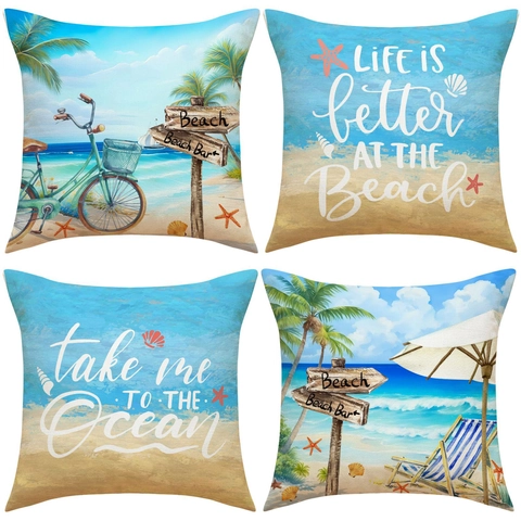 Mediterrane Strand Thema Kissenbezüge Leinen Textur Ozean Buchstaben Druck Dekorative Kissenhüllen Für Sofa