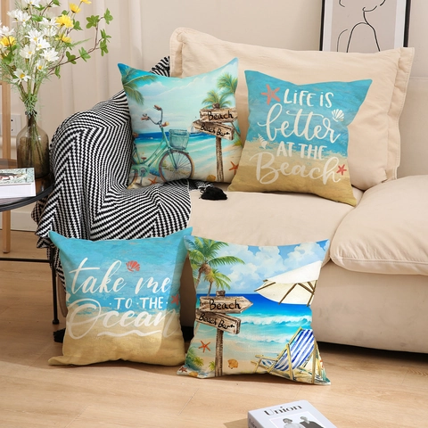 Mediterrane Strand Thema Kissenbezüge Leinen Textur Ozean Buchstaben Druck Dekorative Kissenhüllen Für Sofa