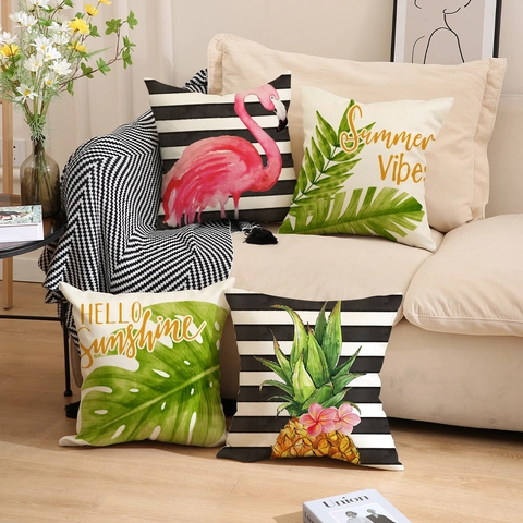 Federa per Cuscino in Lino Tropicale Con Fenicottero Ananas Strisce Bianche E Nere Copricuscino Decorativo per Divano Casa