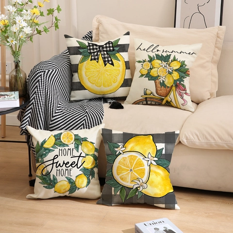 Lemon Print Cotton Linen Pillow Covers Summer Decorative Square Cushion Cases Sofa Couch Home Decor Stripe Plaid Pattern