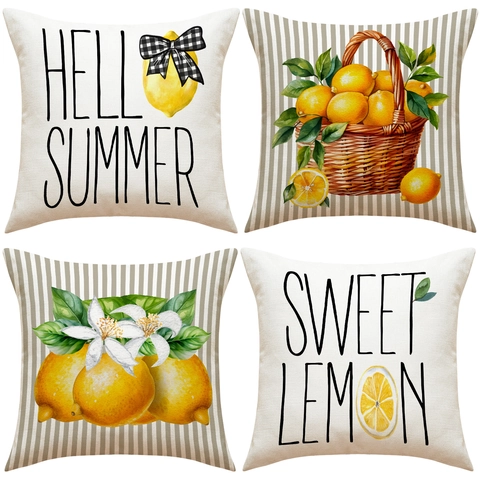 Decoratieve Kussensloop Met Citroen Zomerprint Linnen Vierkante Kussenhoes Voor Bank Woondecoratie Aquarelfruit