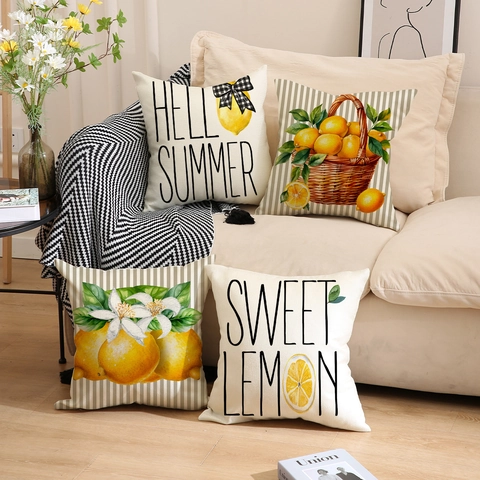 Decoratieve Kussensloop Met Citroen Zomerprint Linnen Vierkante Kussenhoes Voor Bank Woondecoratie Aquarelfruit