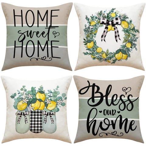 Funda De Cojín Cuadrada Lino Estampado Limón Estilo Granja Letras Home Sweet Home Funda De Almohada Decorativa Para Sofá