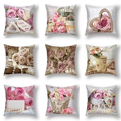 Bloemen Rozen Kussenhoes Liefdesbrieven Print Romantisch Perzikhuid Vierkante Kussensloop Voor Bank Huisdecoratie Valentijnscadeau