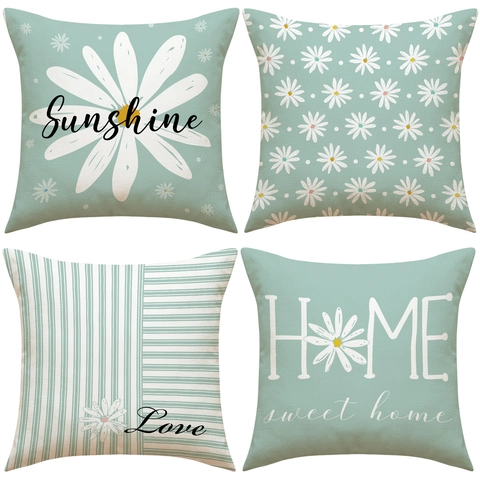 Funda de Almohada Cuadrada Minimalista Moderna Con Estampado de Margaritas Textura Lino Sunshine Love Home Funda de Cojín Decorativa Sofá