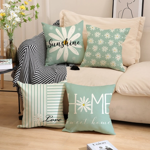 Funda de Almohada Cuadrada Minimalista Moderna Con Estampado de Margaritas Textura Lino Sunshine Love Home Funda de Cojín Decorativa Sofá