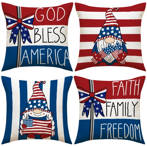 Unabhängigkeitstag Dekorative Kissenbezüge Patriotische Gnom Amerikanische Flagge Rot Weiß Blau Leinen Textur Kissenhüllen