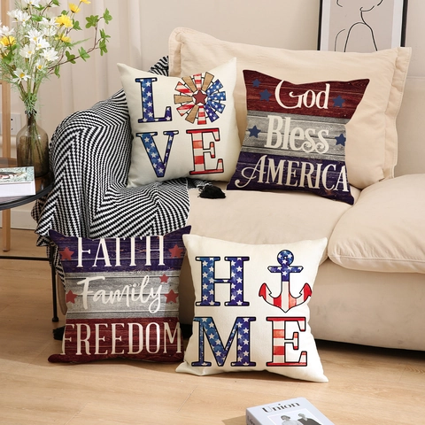 Throw Pillow Cover American Flag USA Patriotic Independence Day Decorative Cushion Case Polyester Linen Texture Home Decor Farmhouse