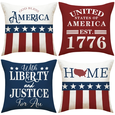 Independence Day Patriotic Pillow Cover American Flag Decorative Cushion Case USA Map 1776 Linen Throw Pillow Case Home Sofa